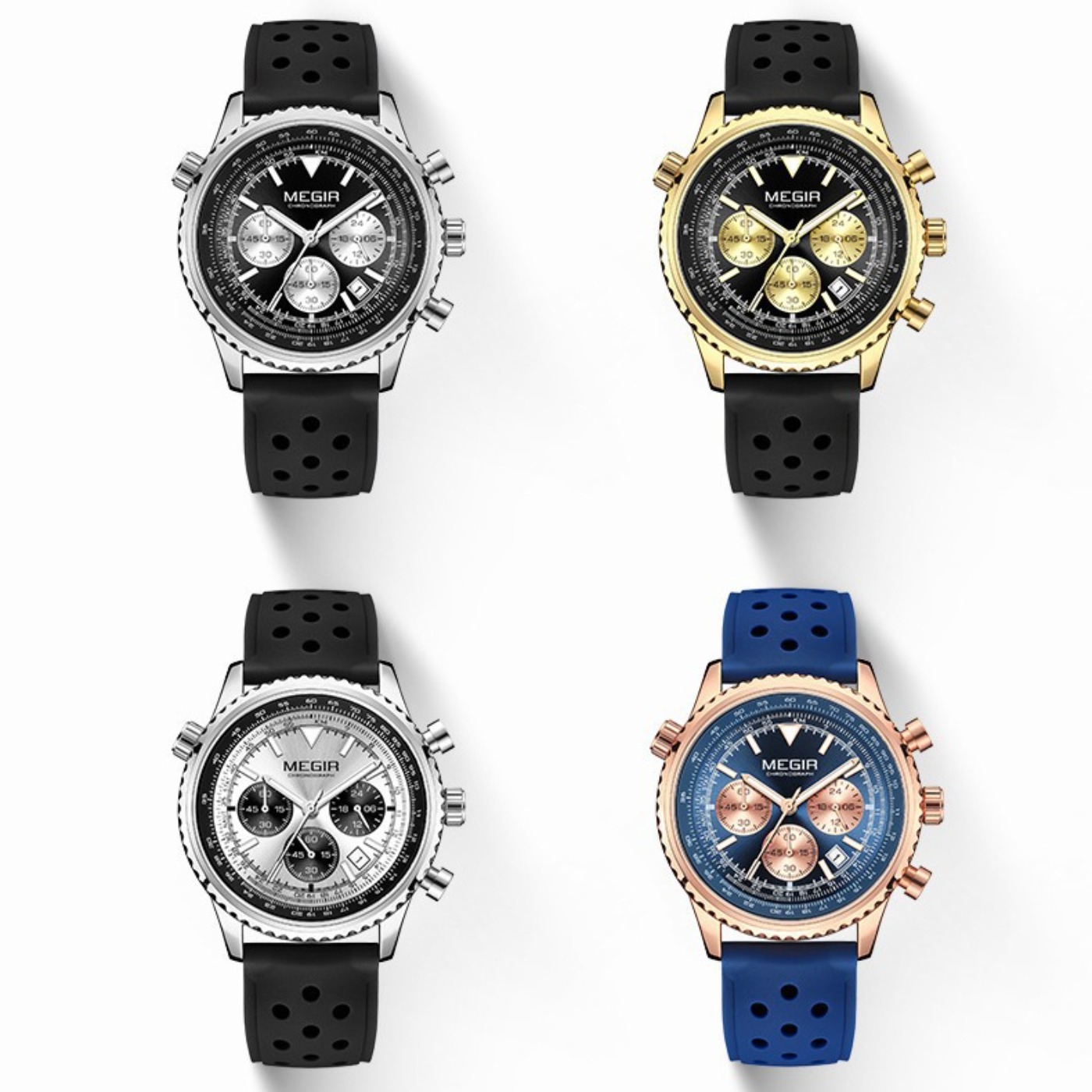 MEGIR Silver Black Quartz Watc - Leather Watch Strap avaliação e preço