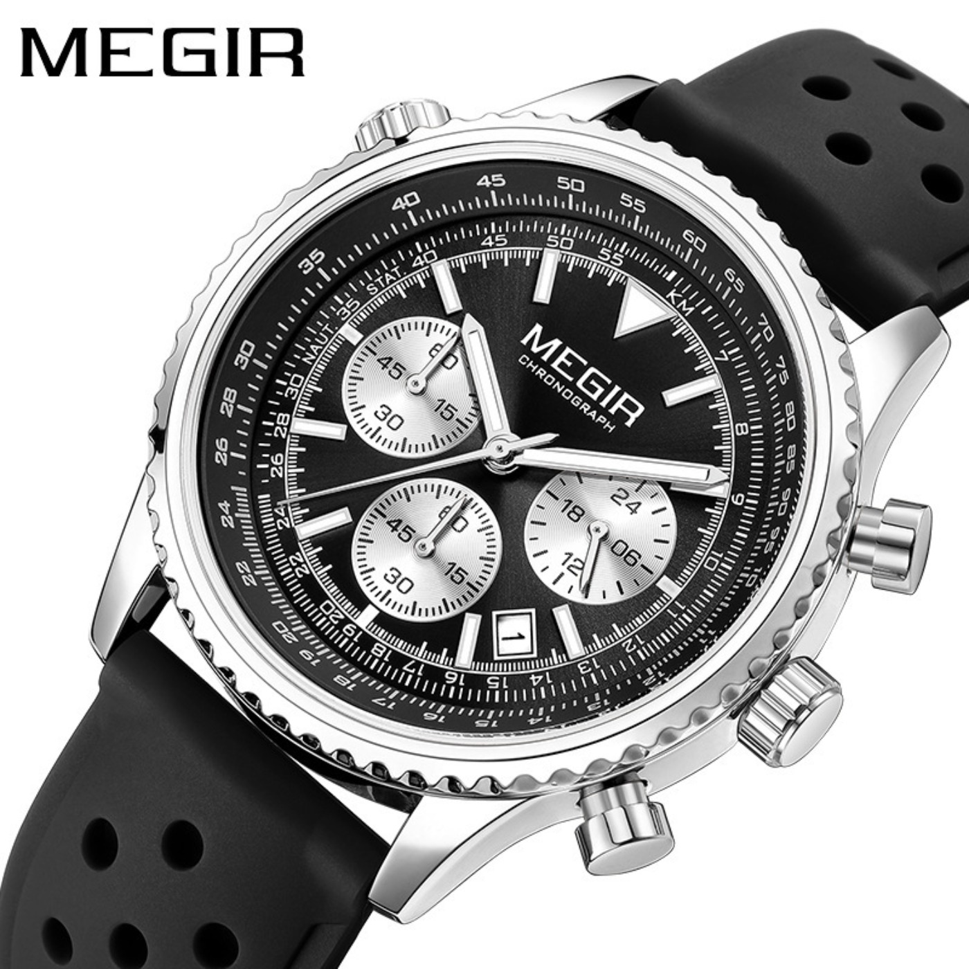 MEGIR Silver Black Quartz Watc - Leather Watch Strap avaliação e preço